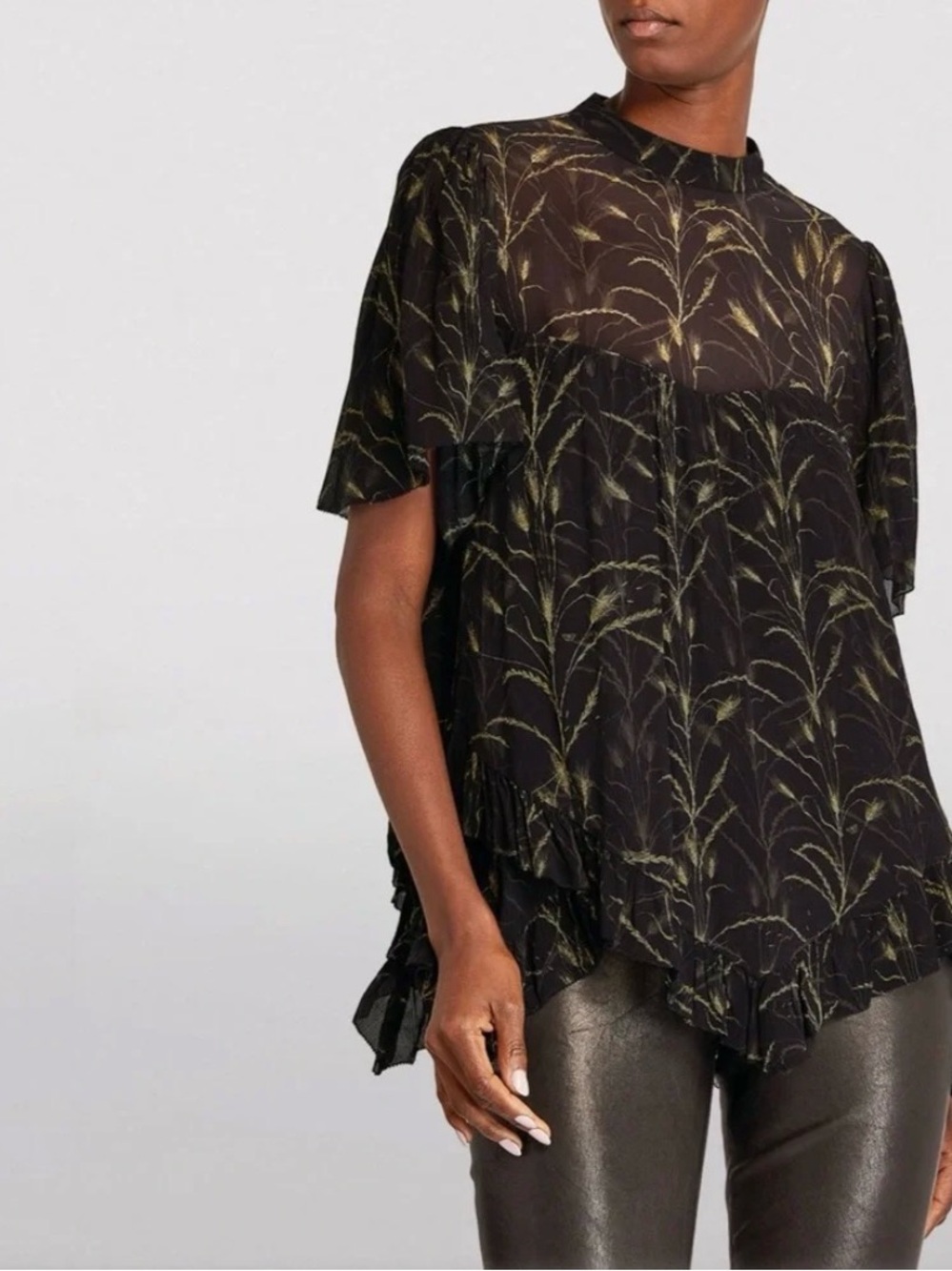 ALLSAINTS Nico Lowestoft Top Sheer Chiffon Tiered Ruffle Floral Black Gold